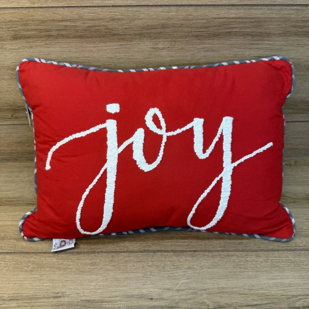 Devi Designs Joy Lumbar Decorative Throw Pillow Needlepoint Holiday Red Plaid